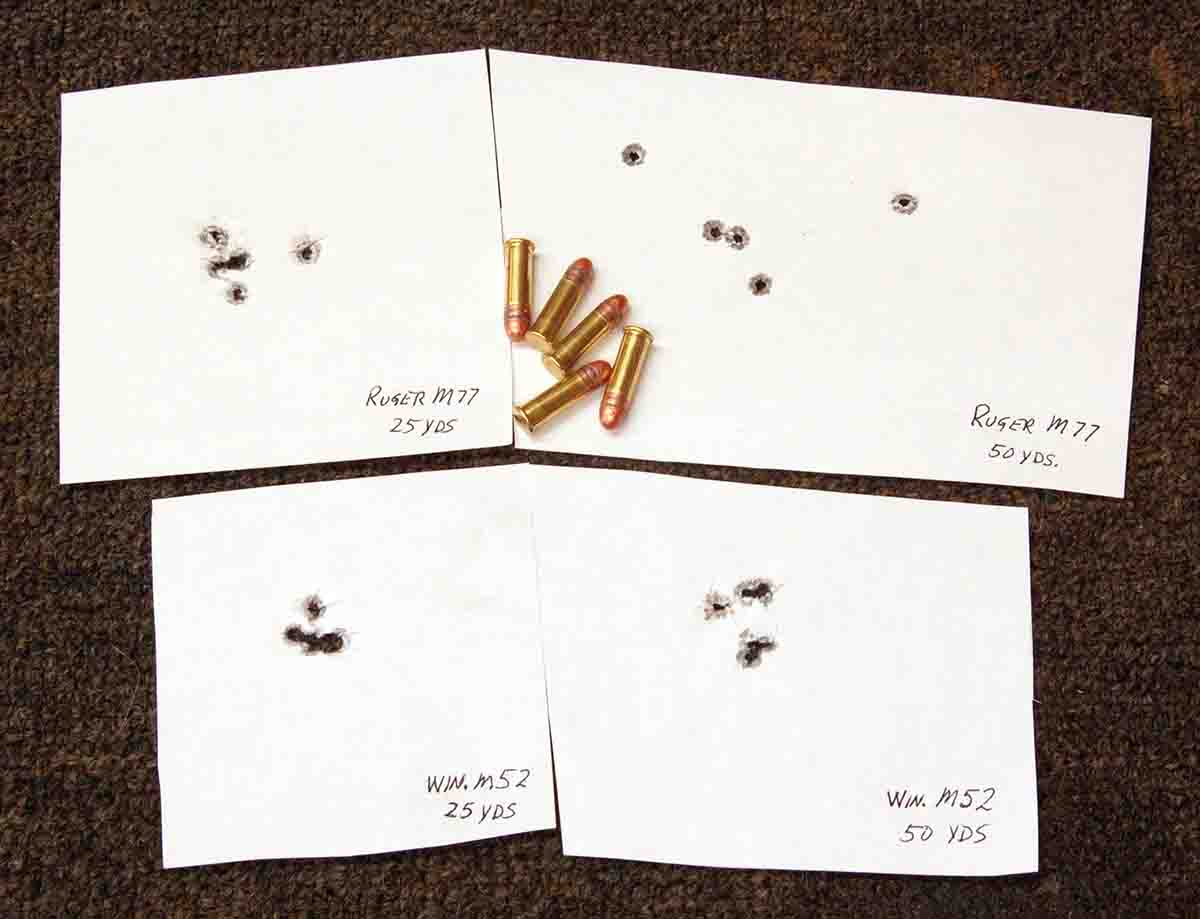 These 25-yard (left) and 50-yard (right) groups from a Ruger M77 (top targets) and a Winchester M52 target rifle (bottom) show great improvement from a match-dimensioned chamber when using the CCI Long cartridge.